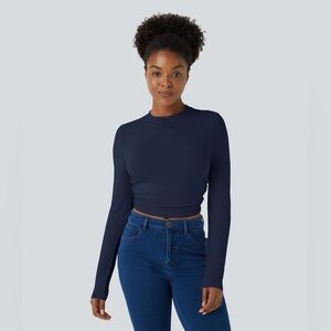 Halara Round Neck Long Sleeve Ruched Cropped Top Long Sleeve Blue Medium NWT